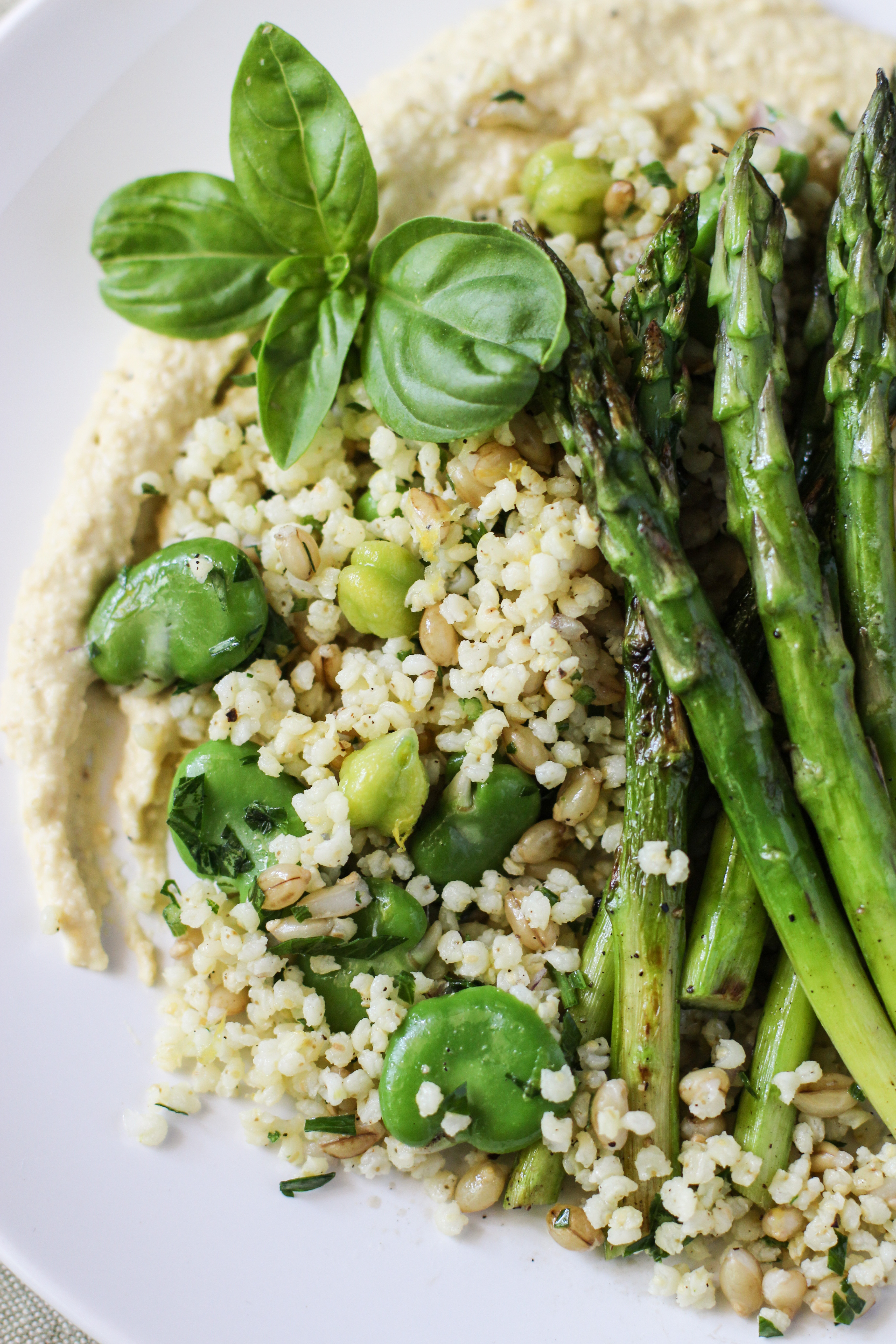grilled asparagus salad with chickpea puree, lemony grains and basil ...