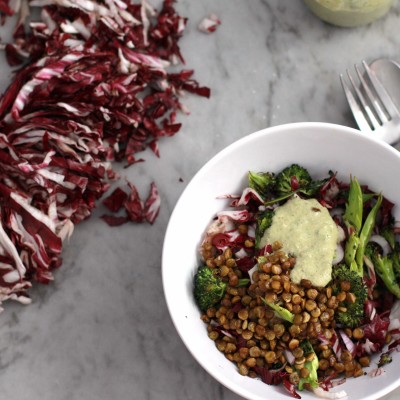 roasted broccoli with radicchio, crunchy paprika lentils, and sunflower seed dressing