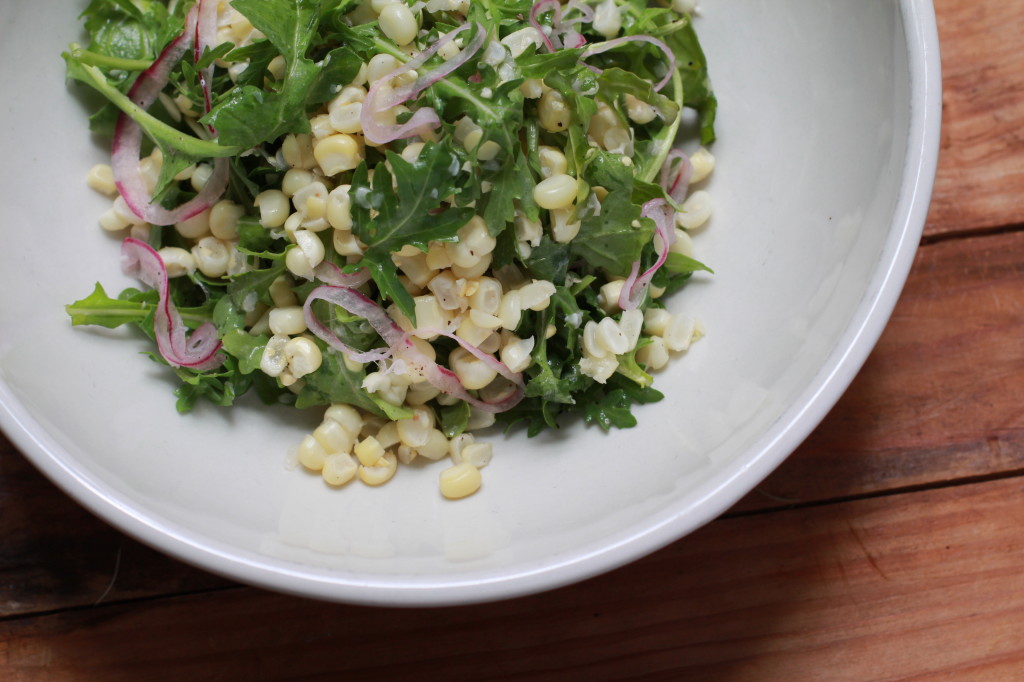 corn and arugula salad with pickled red onions www.girlontherange.com