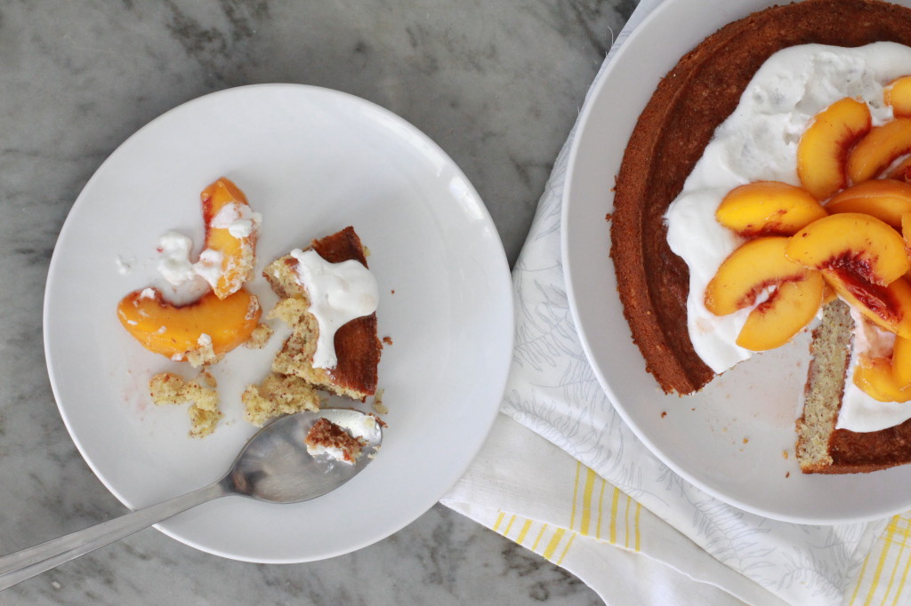 almond cake with poached peaches and coconut cream www.girlontherange.com