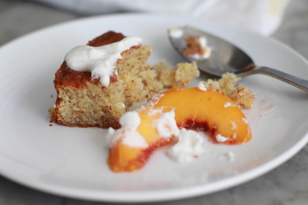 almond cake with poached peaches and coconut cream www.girlontherange.com