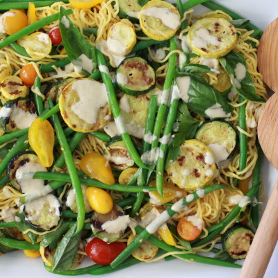 summer vegetable and noodle salad with tahini-lemon dressing