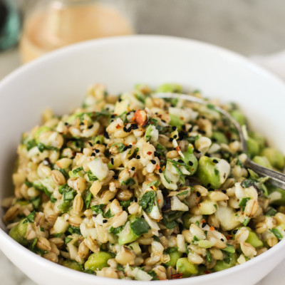 spring chickpea and barley salad with cashew-miso dressing