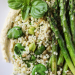 grilled asparagus salad with chickpea puree, lemony grains and basil dressing