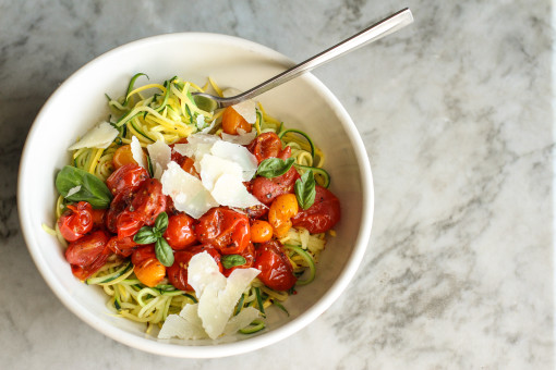 pan roasted tomatoes and zucchini noodles www.girlontherange.com