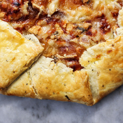 three cheese and caramelized onion galette