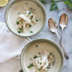 avgolemono – greek lemon and egg soup with shredded turkey and brown rice