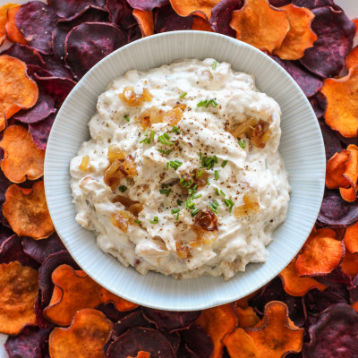 caramelized onion dip with baked sweet potato chips