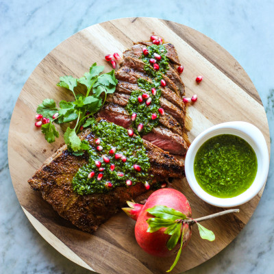 spice rubbed flank steak with chimichurri sauce