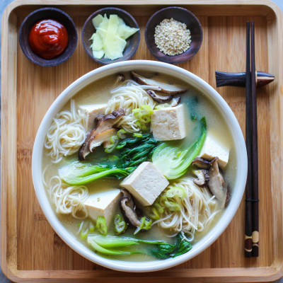 miso noodle soup with bok choy and tofu