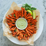 spicy sweet potato fries with creamy cashew, lime and avocado sauce