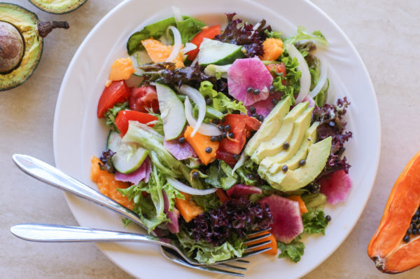 tropical green salad with papaya seed vinaigrette - Girl on the Range