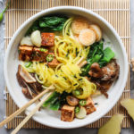 golden beet noodles with seared tofu and spicy coconut broth