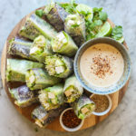 green summer rolls with spicy tahini sauce