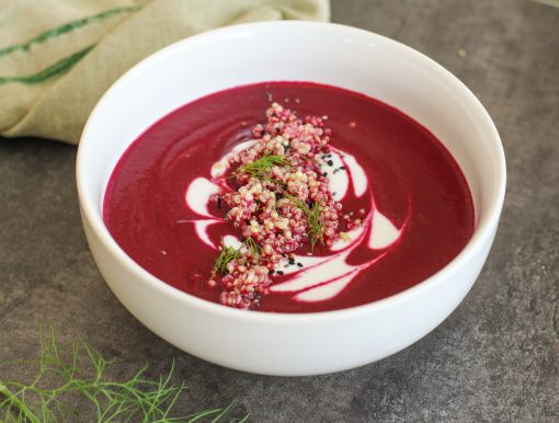 roasted red beet soup with toasted quinoa and dill