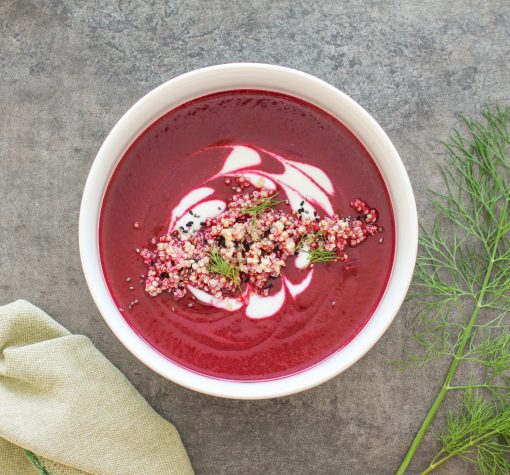 roasted red beet soup with toasted quinoa and dill