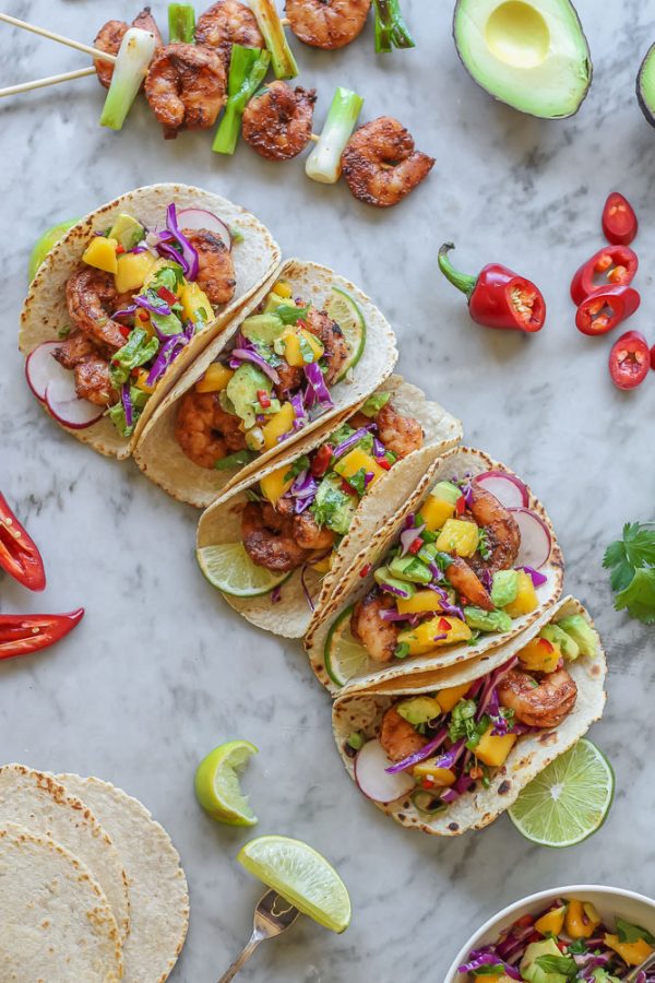 spicy shrimp tacos with mango and avocado relish - Girl on the Range