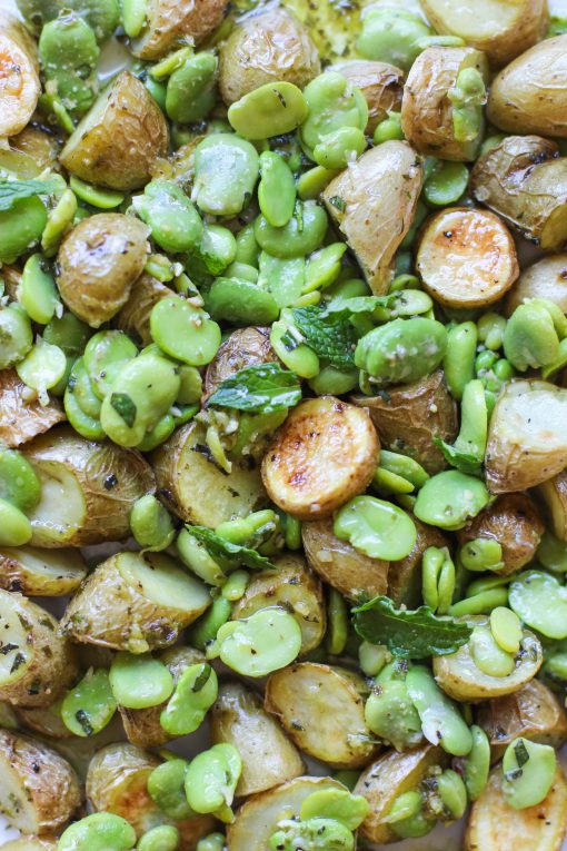 roasted fingerling potatoes with fava beans, mint and lemon