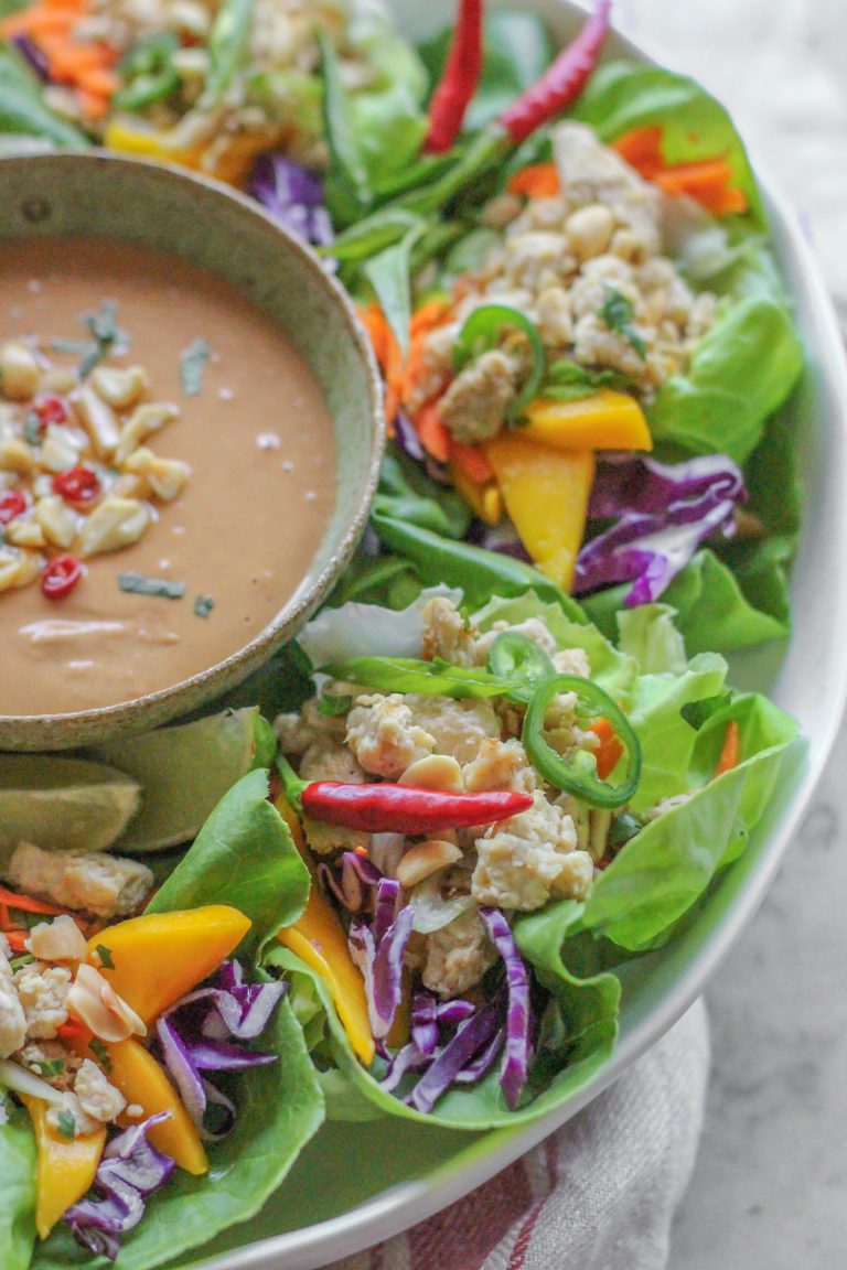 thai chicken lettuce cups with spicy peanut sauce - Girl on the Range